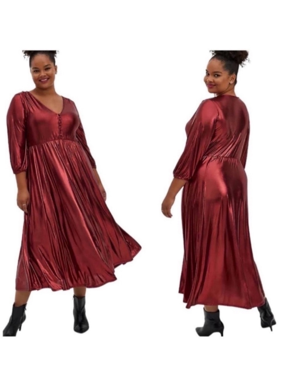NWT Torrid Plus Red Metallic Liquid Knit Maxi Dress Sz 1X Long Sleeve V neck